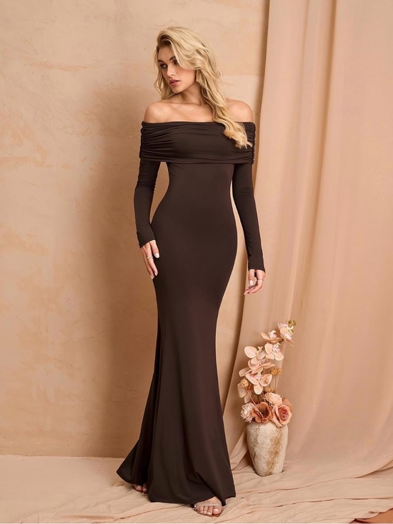 Dresses & Skirts - Off-Shoulder Long Sleeve Maxi Dress in Chocolate Brown